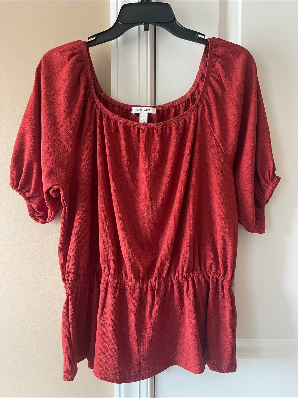 Nine West Red Puff Sleeve Peplum Top